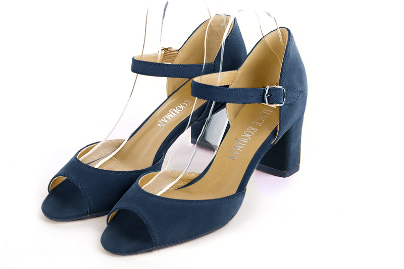 Navy blue women's closed back sandals, with an instep strap. Square toe. Medium block heels - Florence KOOIJMAN